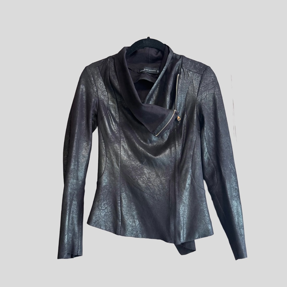 Zara Vegan Leather Faux Draped Moto Jacket in Shimmery Black Size XS